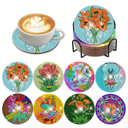8Pcs Diamond Art Painting Coasters Craft Kit with Holder for Gift (Color Flower)