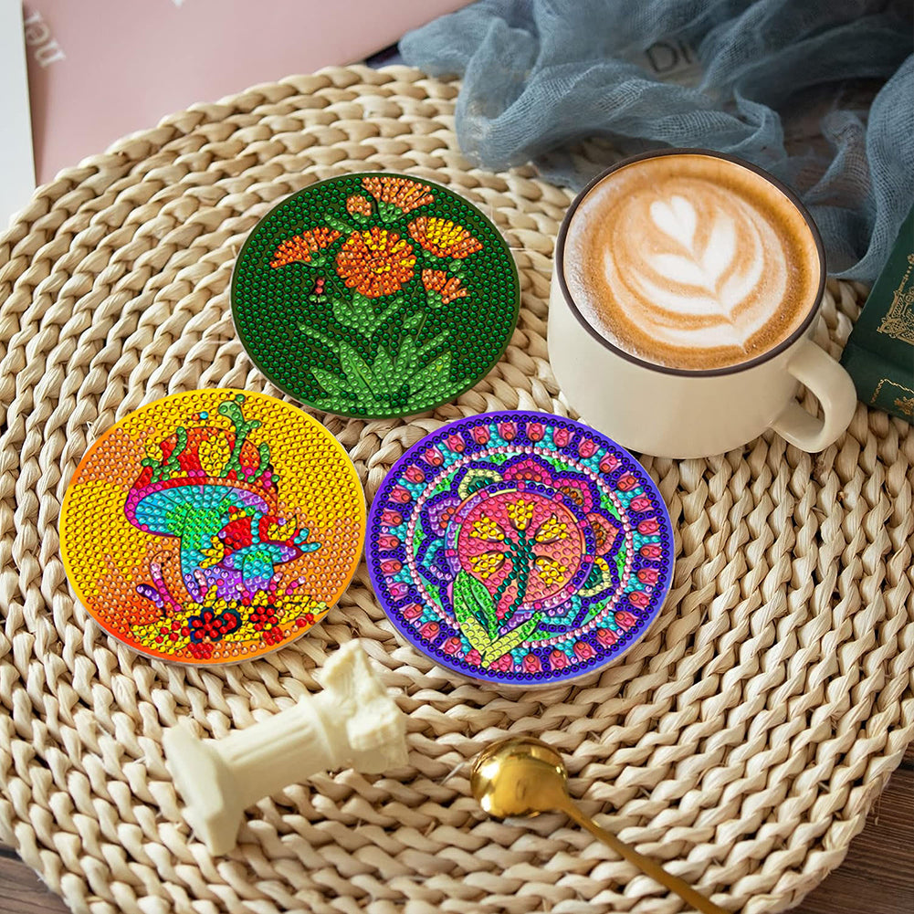 8Pcs Diamond Art Painting Coasters Craft Kit with Holder for Gift (Color Flower)