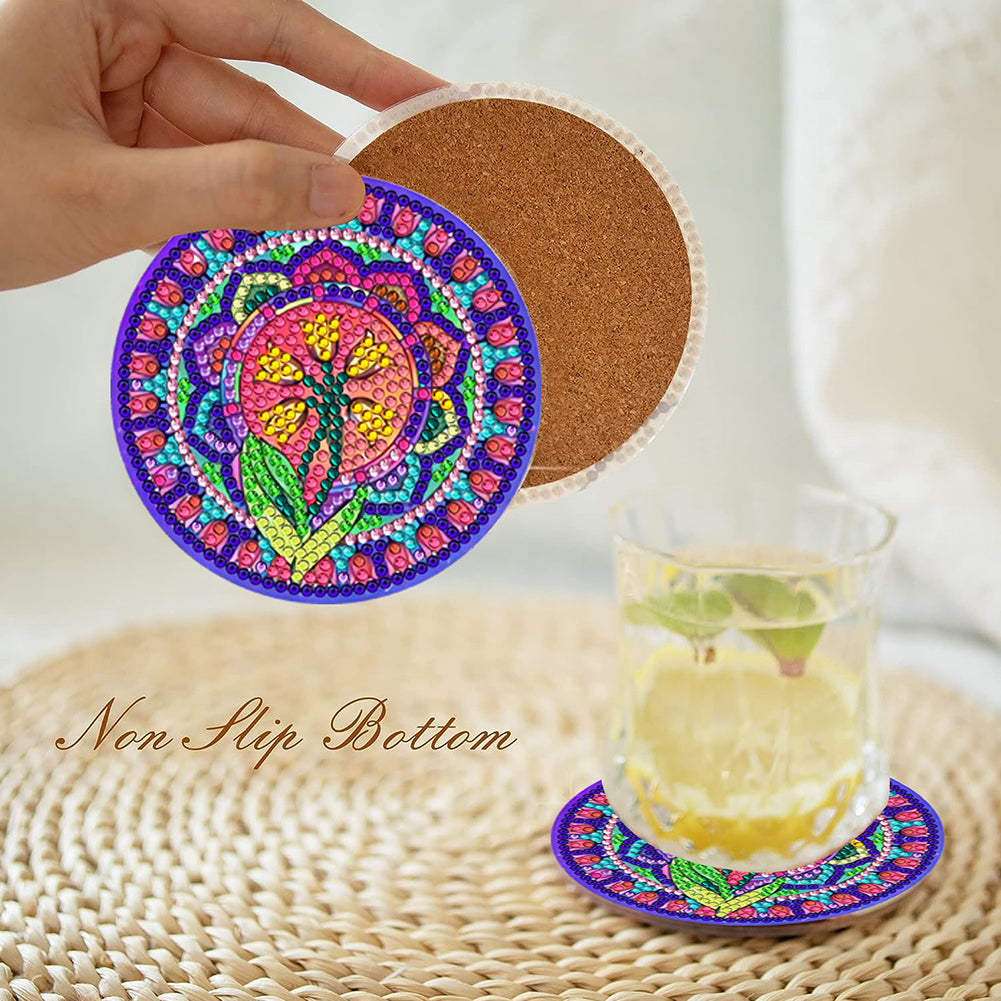 8Pcs Diamond Art Painting Coasters Craft Kit with Holder for Gift (Color Flower)
