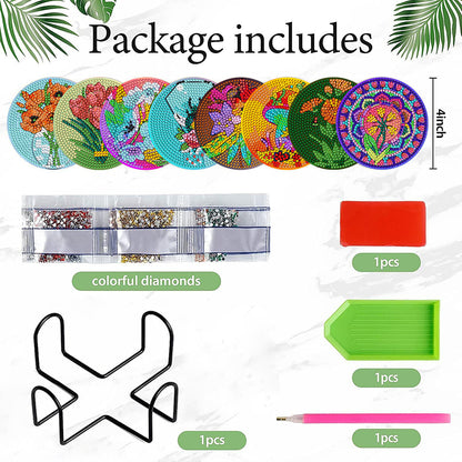 8Pcs Diamond Art Painting Coasters Craft Kit with Holder for Gift (Color Flower)