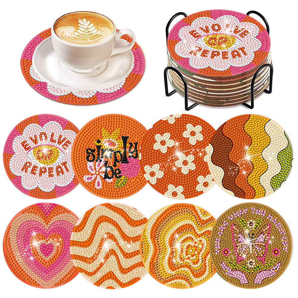 8Pcs Diamond Art Painting Coasters Craft Kit with Holder for Gift (Fractal Art)