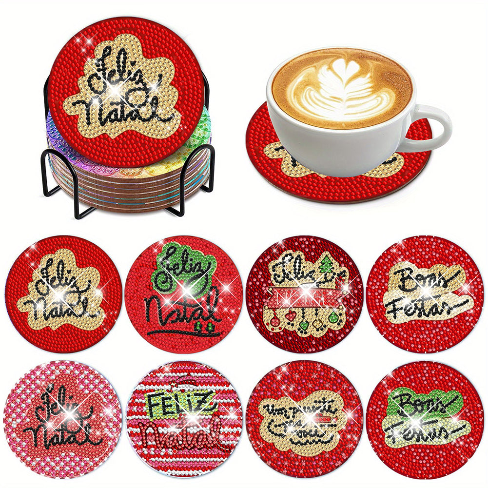 8Pcs Diamond Art Painting Coasters Craft Kit with Holder for Gift (Red English)