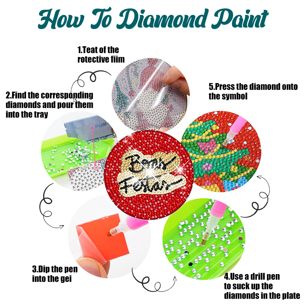 8Pcs Diamond Art Painting Coasters Craft Kit with Holder for Gift (Red English)