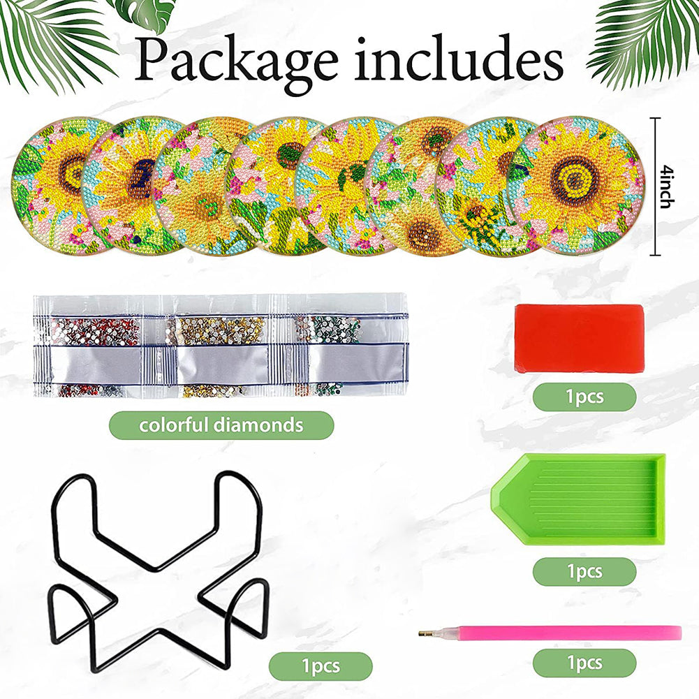 8Pcs DIY Diamond Art Painting Coasters Craft Kit with Holder (Gorgeous Flower)