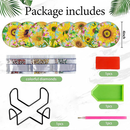 8Pcs DIY Diamond Art Painting Coasters Craft Kit with Holder (Gorgeous Flower)