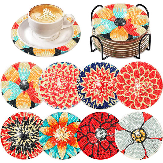 8Pcs DIY Diamond Art Painting Coasters Craft Kit with Holder (Blooming Flower)