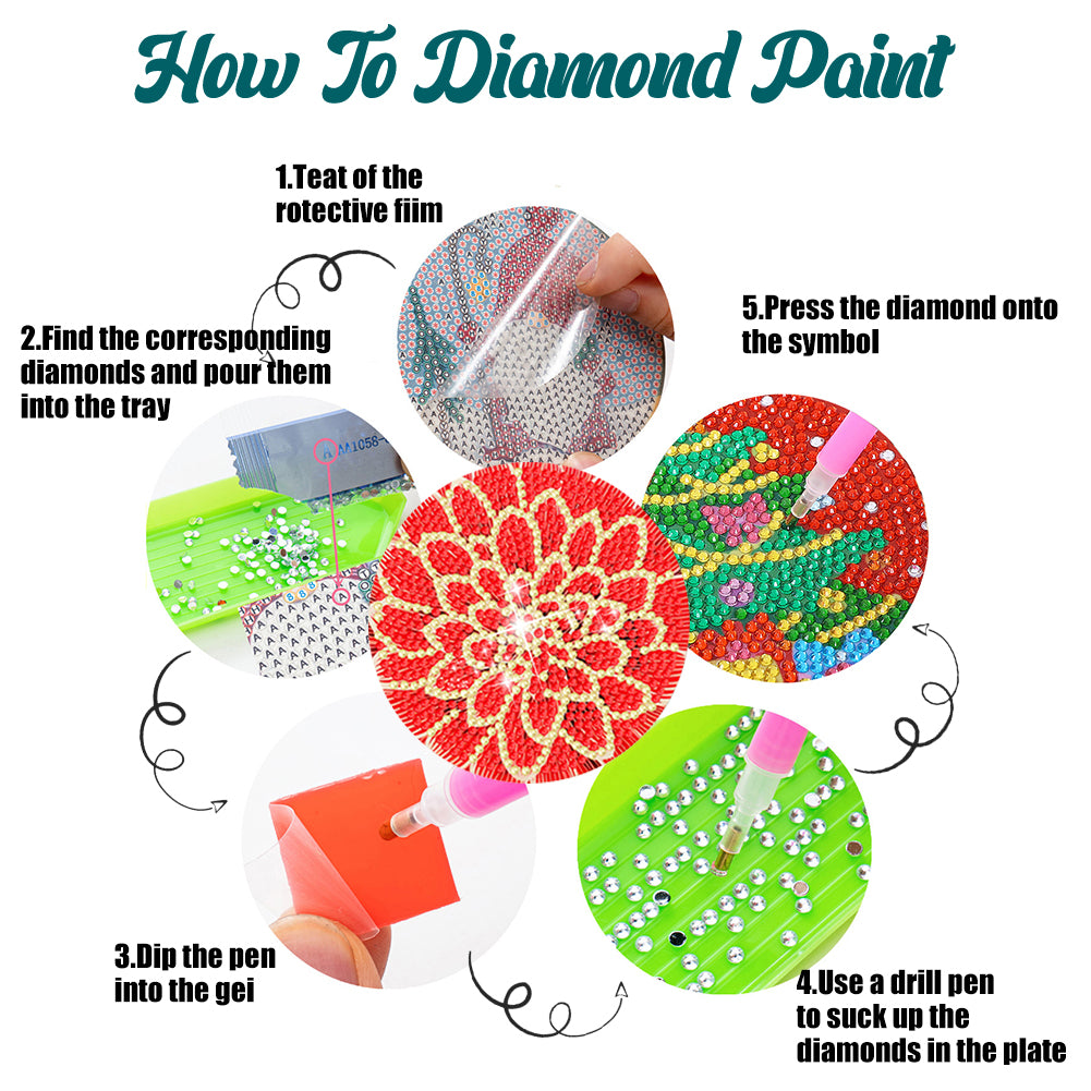 8Pcs DIY Diamond Art Painting Coasters Craft Kit with Holder (Blooming Flower)