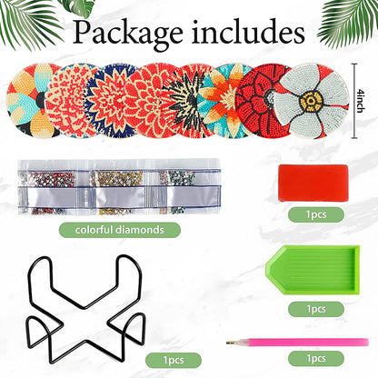 8Pcs DIY Diamond Art Painting Coasters Craft Kit with Holder (Blooming Flower)