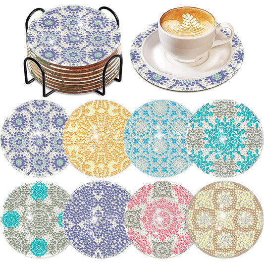 8Pcs DIY Diamond Art Painting Coasters Craft Kit with Holder (Crushed Flower)