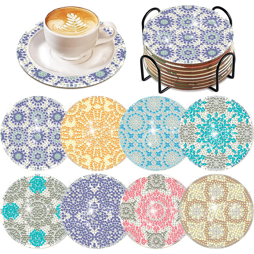 8Pcs DIY Diamond Art Painting Coasters Craft Kit with Holder (Crushed Flower)