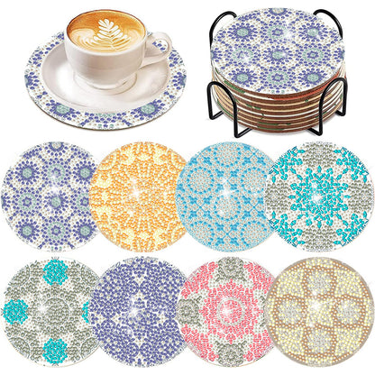 8Pcs DIY Diamond Art Painting Coasters Craft Kit with Holder (Crushed Flower)