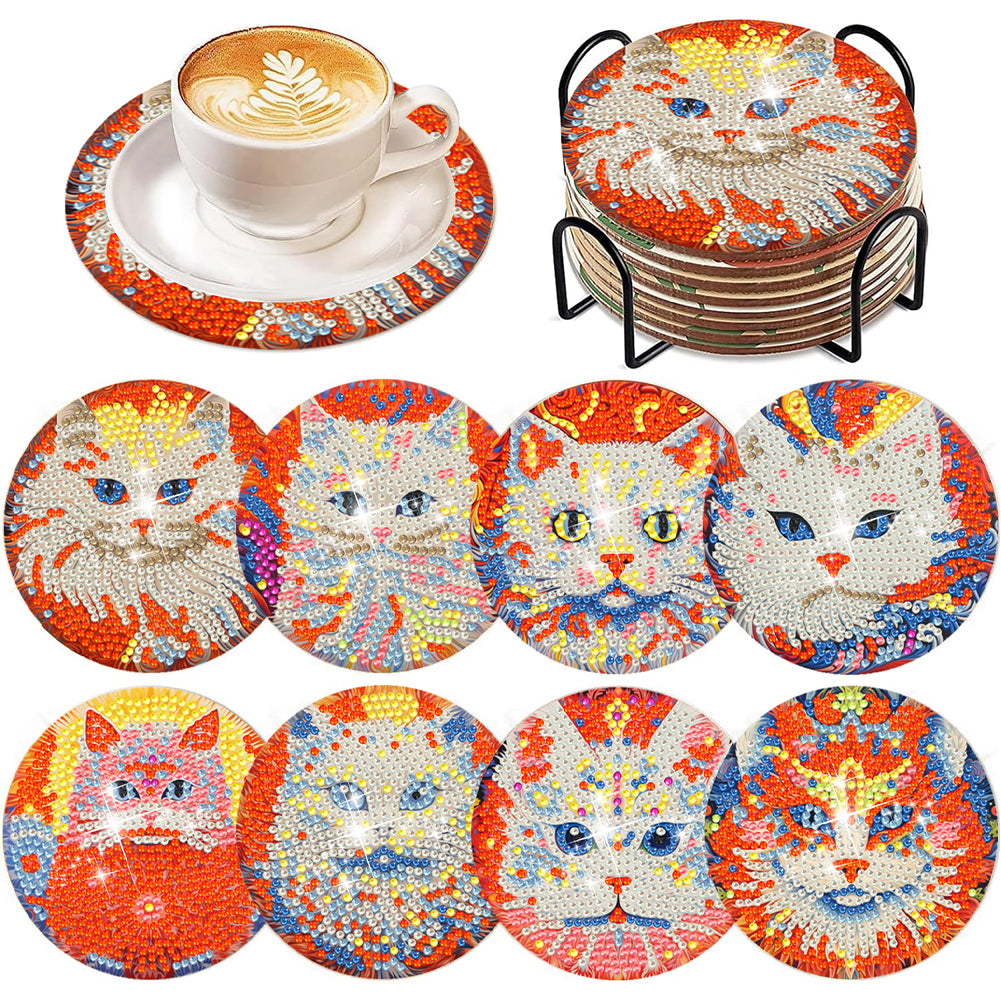 8Pcs DIY Diamond Art Painting Coasters Craft Kit with Holder (Passionate Cat)