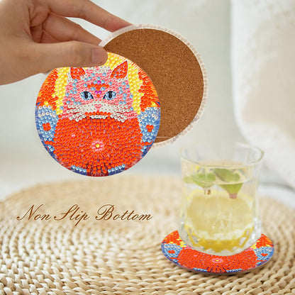 8Pcs DIY Diamond Art Painting Coasters Craft Kit with Holder (Passionate Cat)