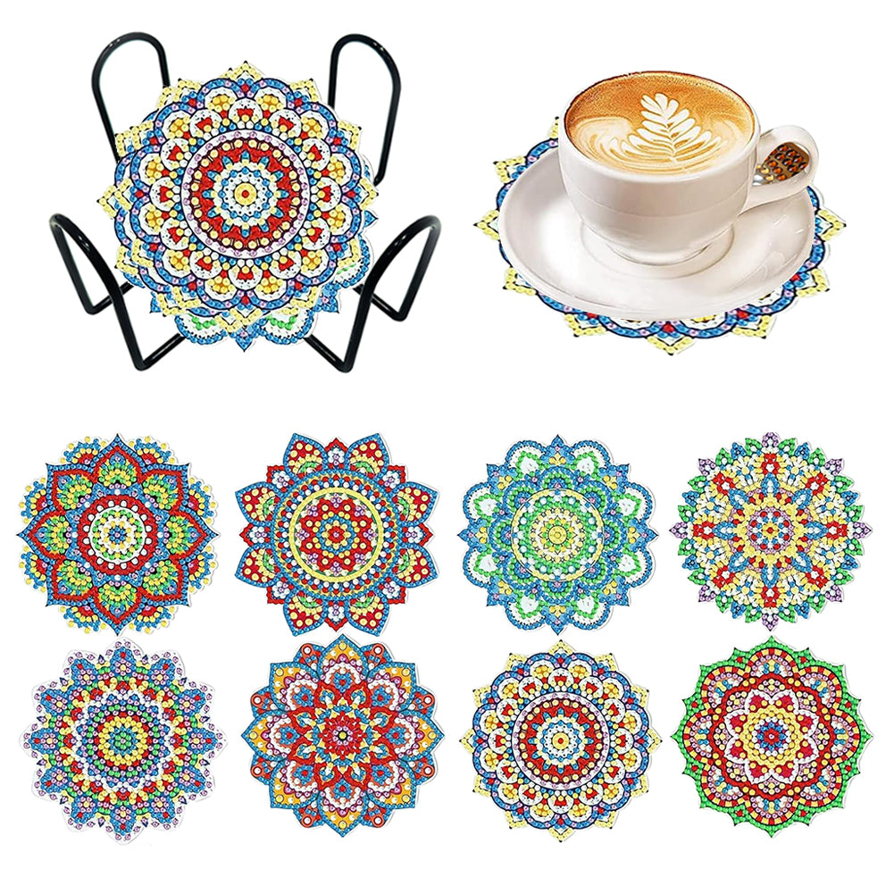 8 Pcs Diamond Art Coaster Diamond Painting Coaster with Holder (Mandala Flower)