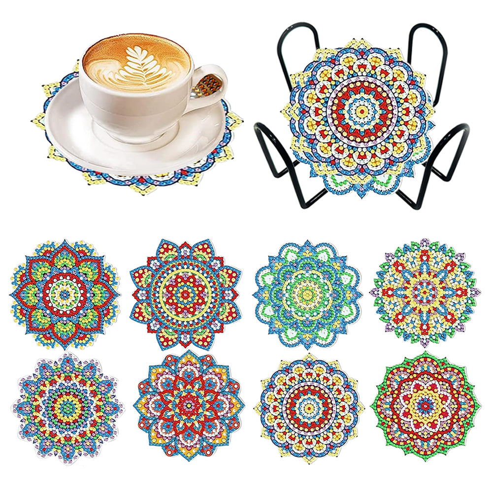 8 Pcs Diamond Art Coaster Diamond Painting Coaster with Holder (Mandala Flower)