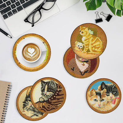 8Pcs Diamond Art Painting Coasters Craft Kit with Holder for Gift (Farm Cat)