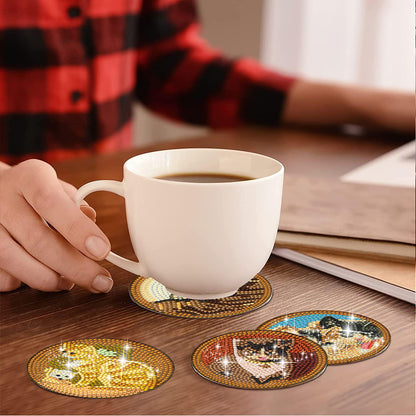 8Pcs Diamond Art Painting Coasters Craft Kit with Holder for Gift (Farm Cat)