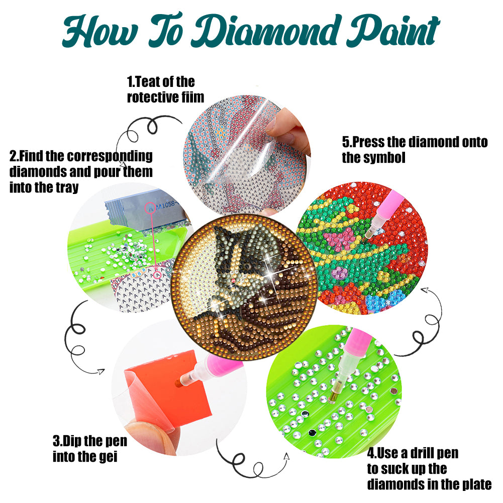 8Pcs Diamond Art Painting Coasters Craft Kit with Holder for Gift (Farm Cat)