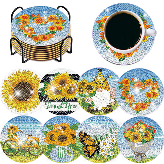 8 Pcs Diamond Art Painting Coasters Craft Kit with Holder for Gift (Sunflower)