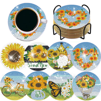 8 Pcs Diamond Art Painting Coasters Craft Kit with Holder for Gift (Sunflower)