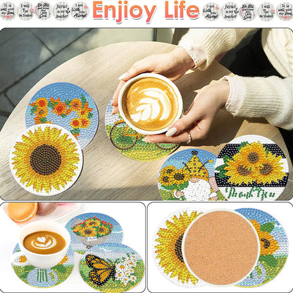 8 Pcs Diamond Art Painting Coasters Craft Kit with Holder for Gift (Sunflower)