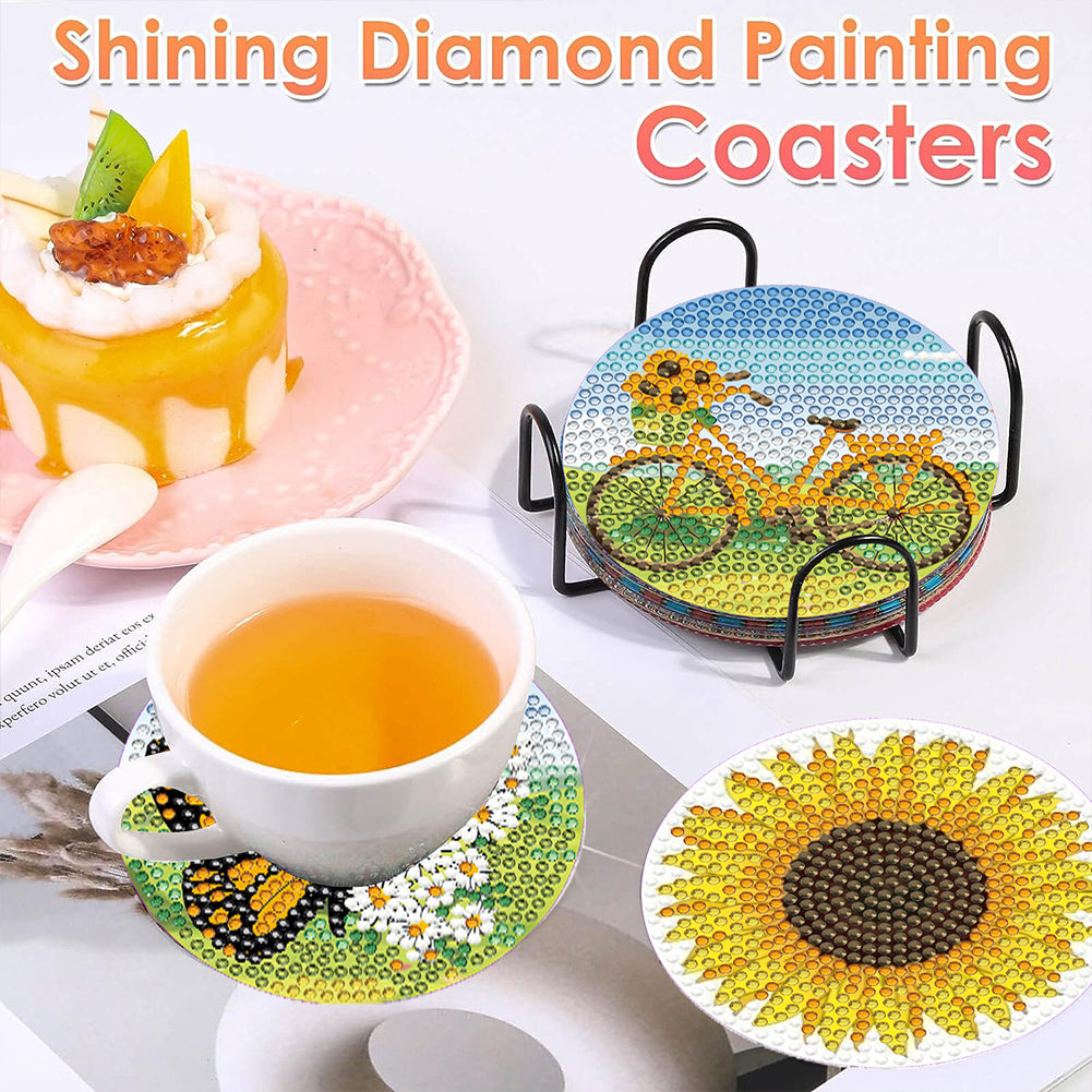 8 Pcs Diamond Art Painting Coasters Craft Kit with Holder for Gift (Sunflower)