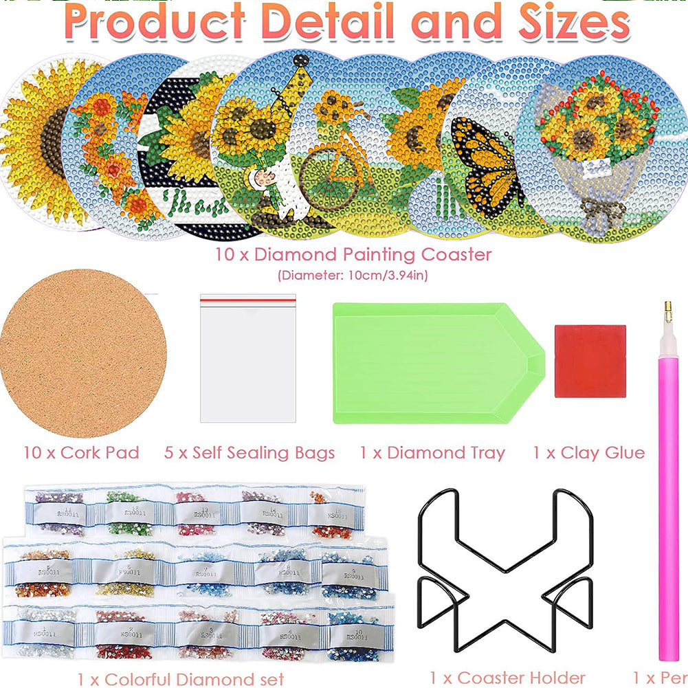 8 Pcs Diamond Art Painting Coasters Craft Kit with Holder for Gift (Sunflower)