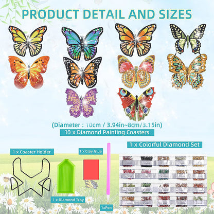 10 Pcs Butterfly Special Shaped DIY Diamond Art Coasters Kit Crafts with Holder