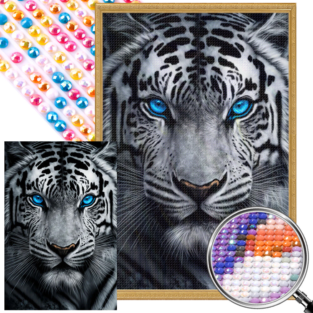 White Tiger With Blue Eyes - Full AB Round Drill Diamond Painting 40*60CM