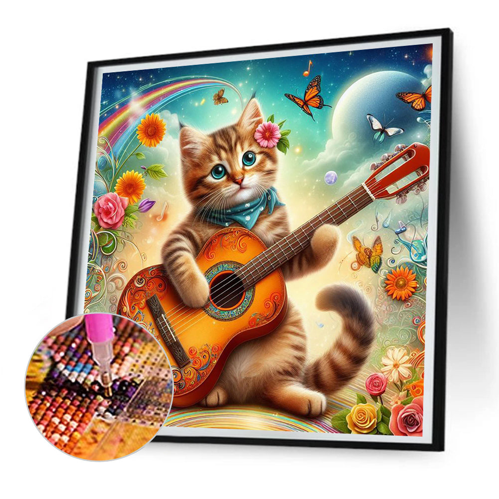 Kitten Playing Guitar - Full Round Drill Diamond Painting 30*30CM