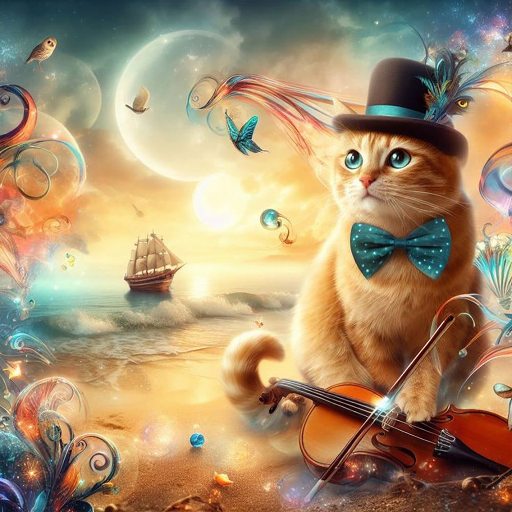 Kitten In Top Hat And Violin - Full Round Drill Diamond Painting 30*30CM