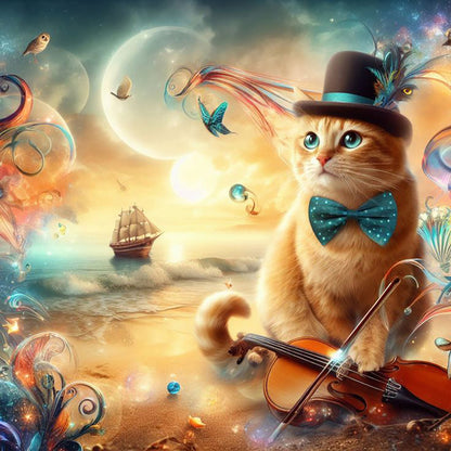 Kitten In Top Hat And Violin - Full Round Drill Diamond Painting 30*30CM