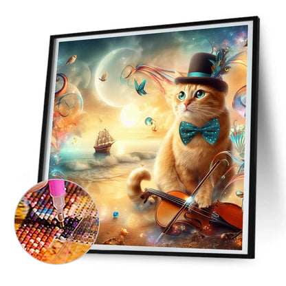 Kitten In Top Hat And Violin - Full Round Drill Diamond Painting 30*30CM