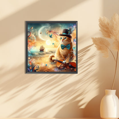 Kitten In Top Hat And Violin - Full Round Drill Diamond Painting 30*30CM