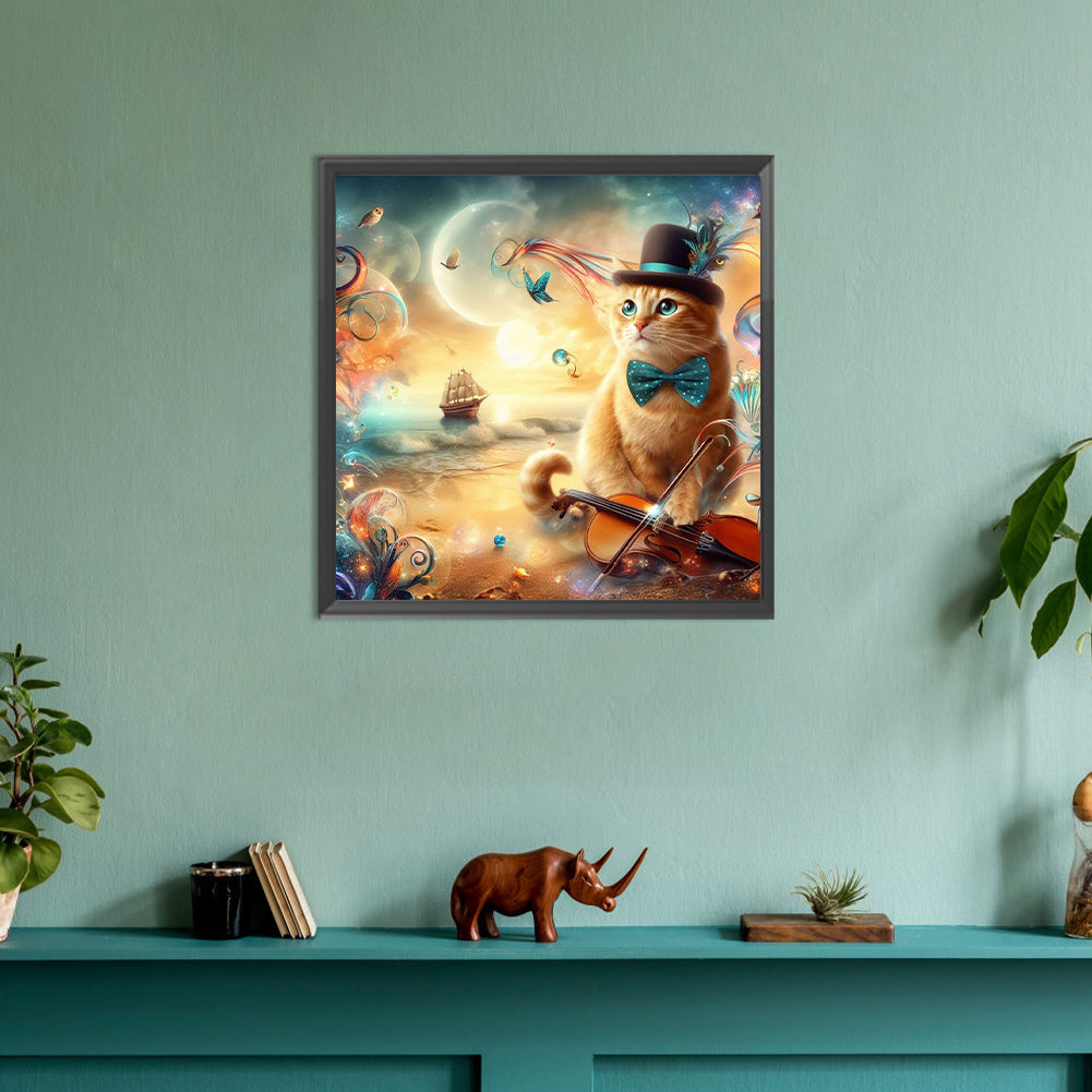Kitten In Top Hat And Violin - Full Round Drill Diamond Painting 30*30CM