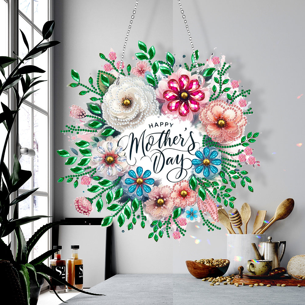 Mother Day Wreath Single-Side Diamond Art Hanging Pendant for Home Wall Decor