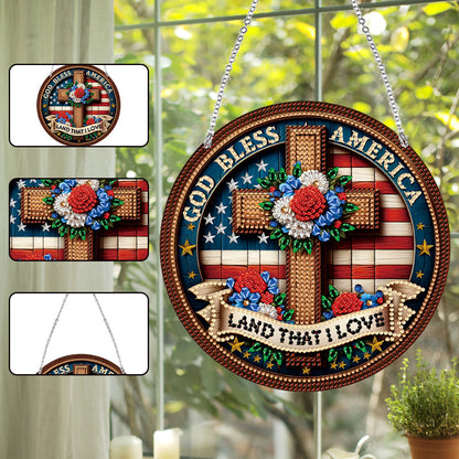 Acrylic Suncatcher Window Door Sign Hanging Garden Decor (Patriotic Cross Flag)