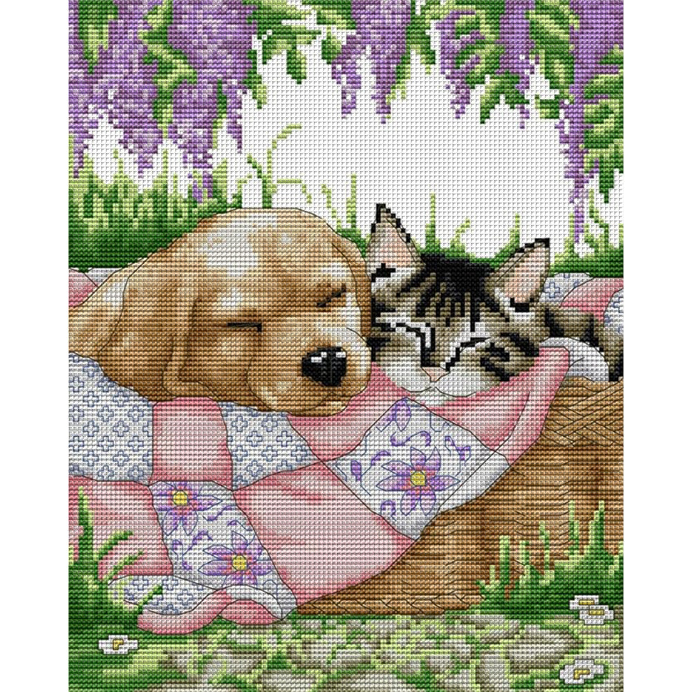 Sleeping Cat And Dog - 14CT Stamped Cross Stitch 28*33CM(Joy Sunday)