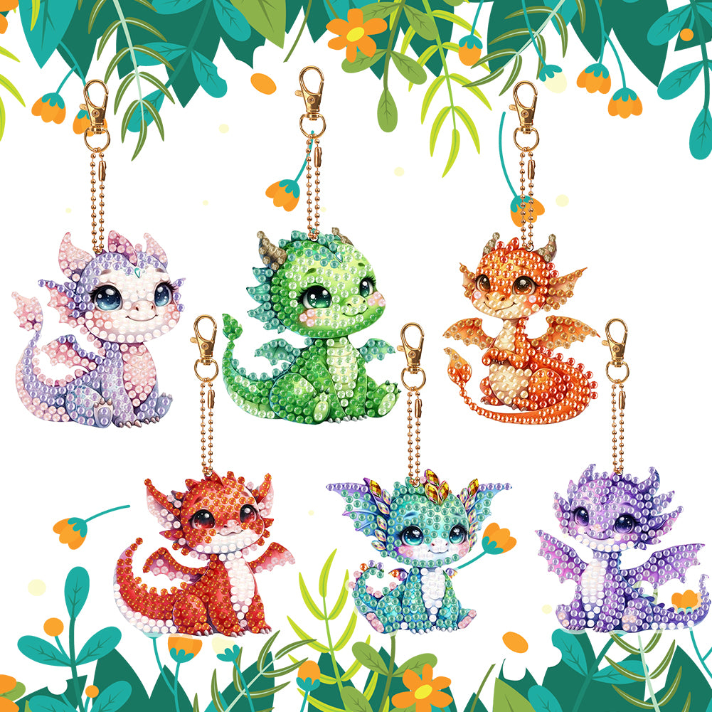 6 Pcs Double Side Dragon Diamond Art Keyring for Zipper Charm Bag Charms Pendant