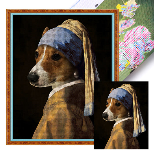 Dog Wearing Pearl Earring - 11CT Stamped Cross Stitch 40*50CM