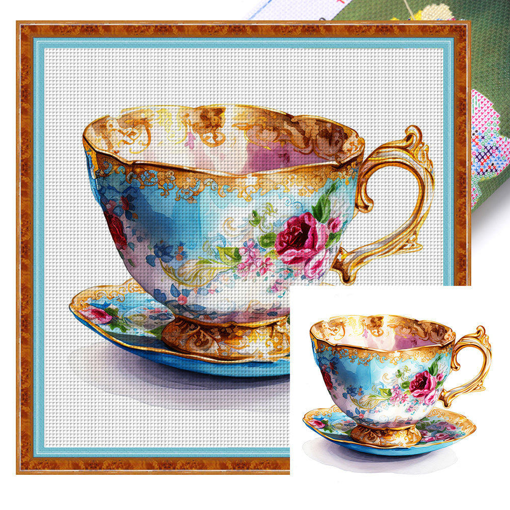 Flower Tea Cup - 14CT Stamped Cross Stitch 40*40CM