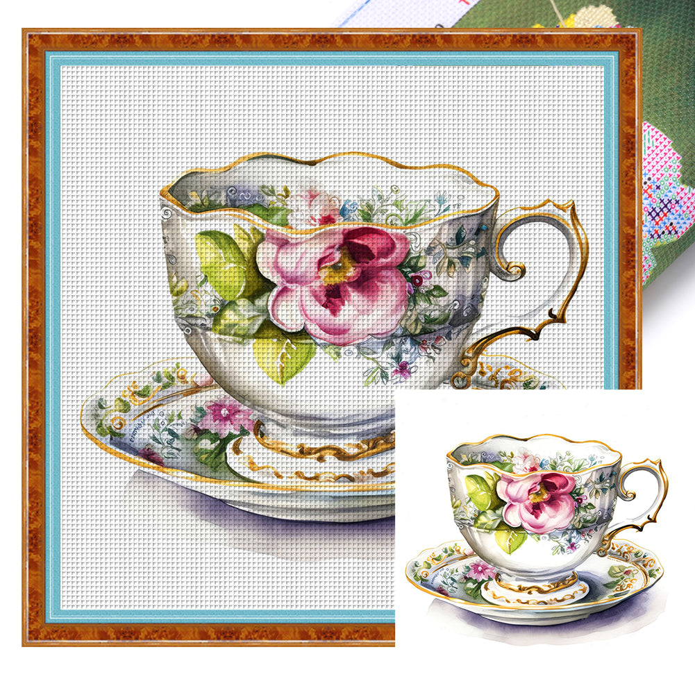 Flower Tea Cup - 14CT Stamped Cross Stitch 40*40CM