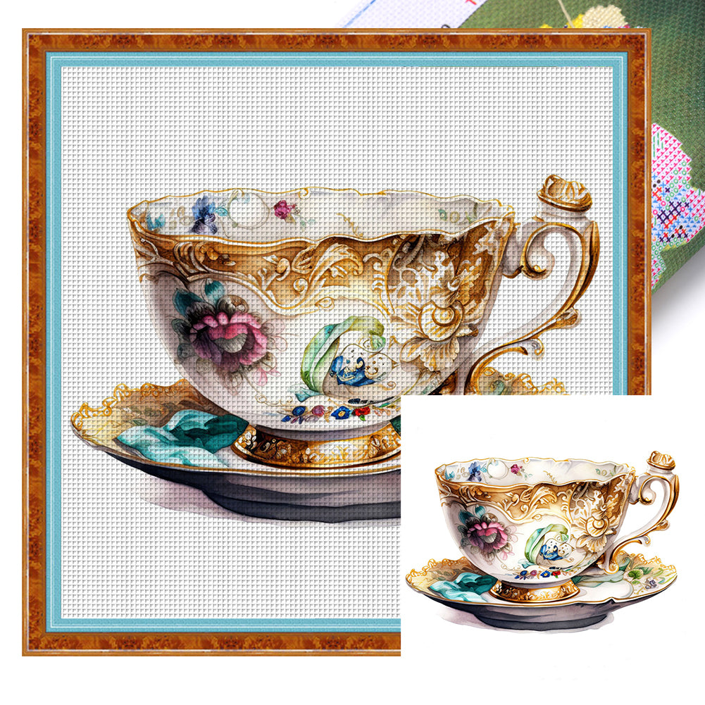 Flower Tea Cup - 14CT Stamped Cross Stitch 40*40CM