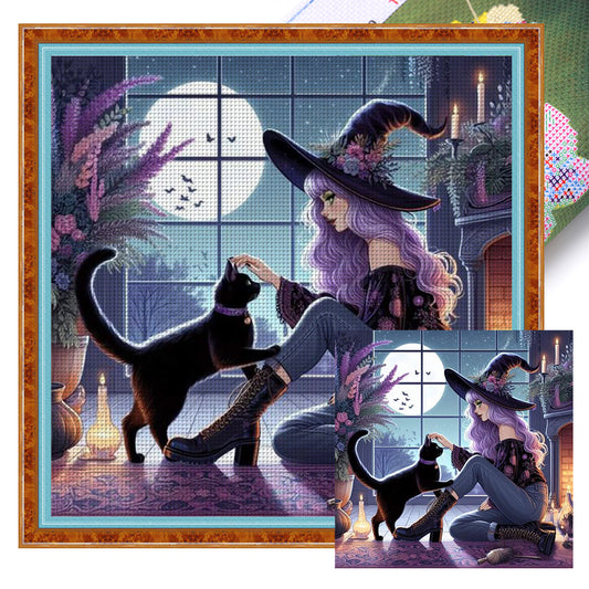 Witch And Black Cat - 11CT Stamped Cross Stitch 40*40CM