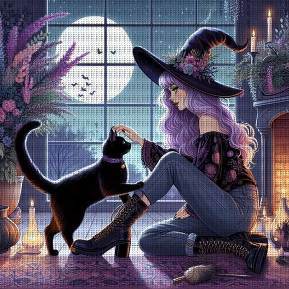 Witch And Black Cat - 11CT Stamped Cross Stitch 40*40CM