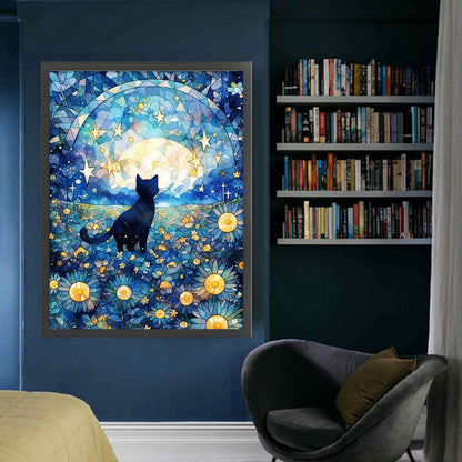 Glass Painting-Black Cat In The Moonlight - 11CT Stamped Cross Stitch 50*65CM