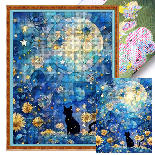 Glass Painting-Black Cat In The Moonlight - 11CT Stamped Cross Stitch 50*65CM