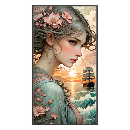 Girl And Sailboat Under Sunset - 11CT Stamped Cross Stitch 40*75CM