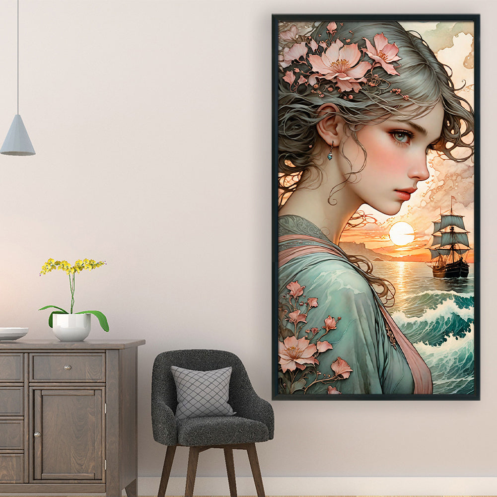 Girl And Sailboat Under Sunset - 11CT Stamped Cross Stitch 40*75CM