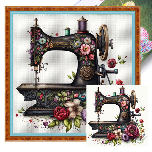 Retro Flower Sewing Machine - 14CT Stamped Cross Stitch 40*40CM